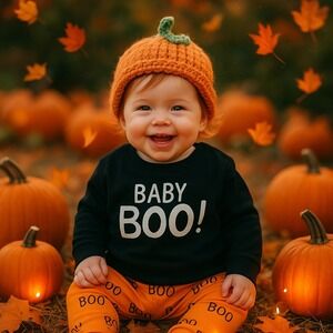 Baby Boo Halloween Outfit 3 Piece Set‎ - 0-6 Months - Knit Pumpkin Hat Cute